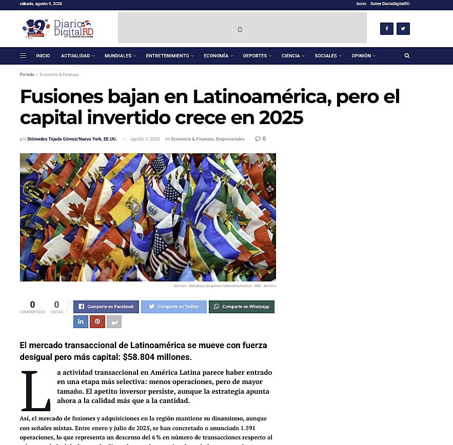 Fusiones bajan en Latinoamrica, pero el capital invertido crece en 2025